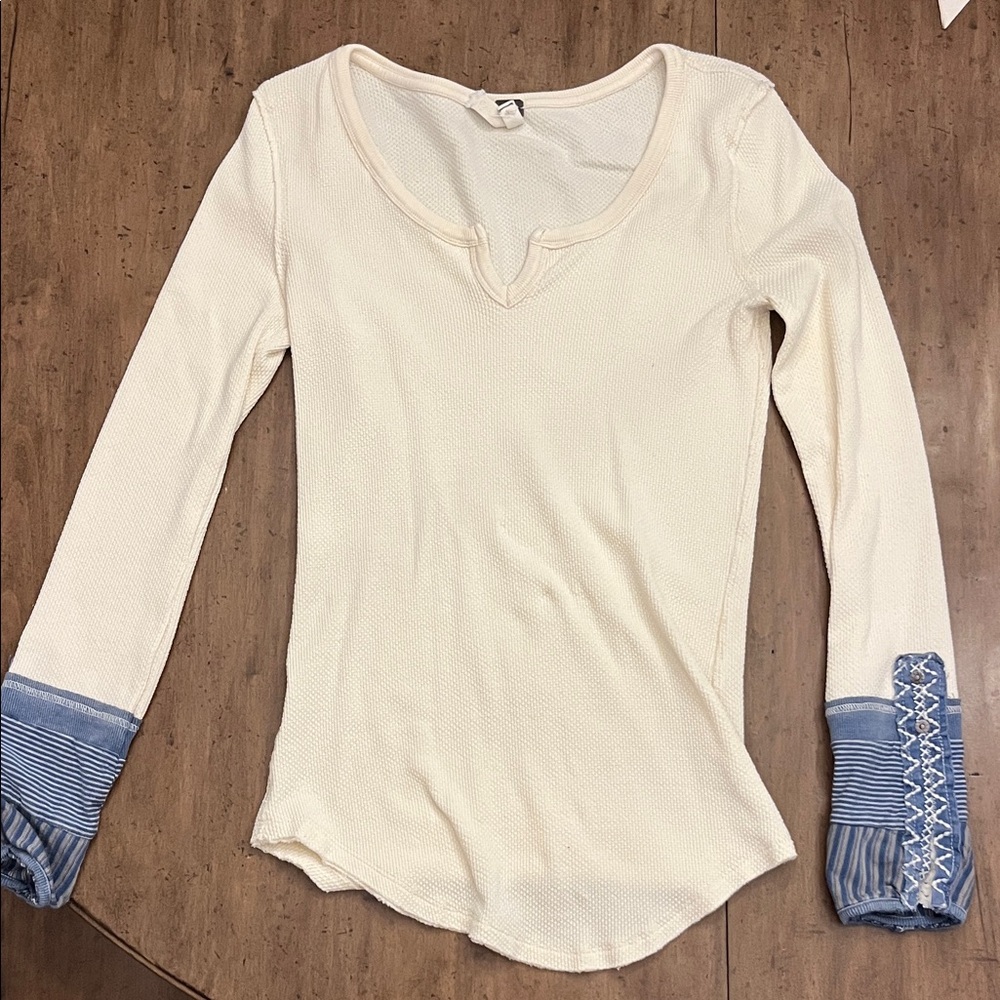 We The Free Cream and Blue Long Sleeve Tee